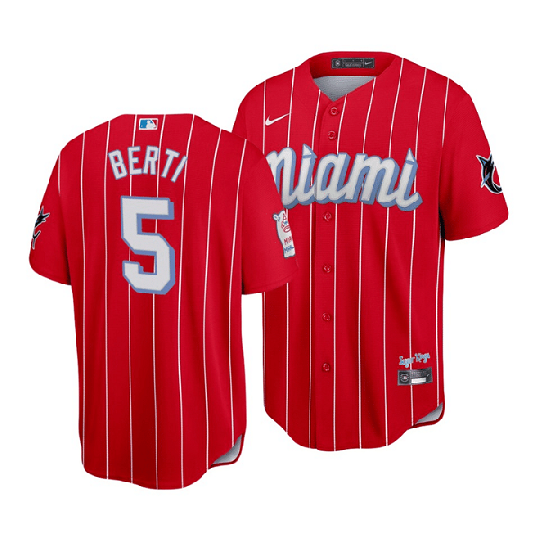 Men's Miami Marlins #5 Jon Berti 2021 Red City Connect Cool Base Stitched Jersey Men's Miami Marlins #5 Jon Berti 2021 Red City Connect Cool Base Stitched Jersey